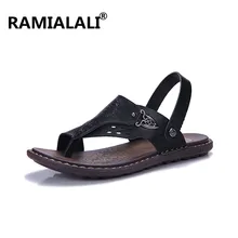 Мужские сандалии из кожи; летние туфли на плоской подошве в Корейском стиле; Повседневные Дышащие сандалии без застежки; большие размеры 38-47