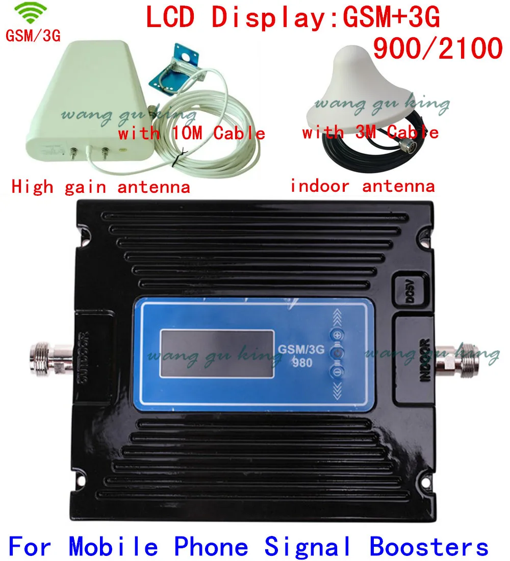 

Newest Dual Band gain adjustable GSM 900MHZ + 2G 3G W-CDMA 2100MHZ Cell phone signal booster repeater amplifier antenna + cable