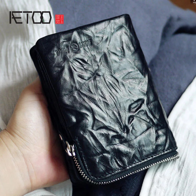 

AETOOPleated personality military retro handmade simple leather black short men's women's wallet