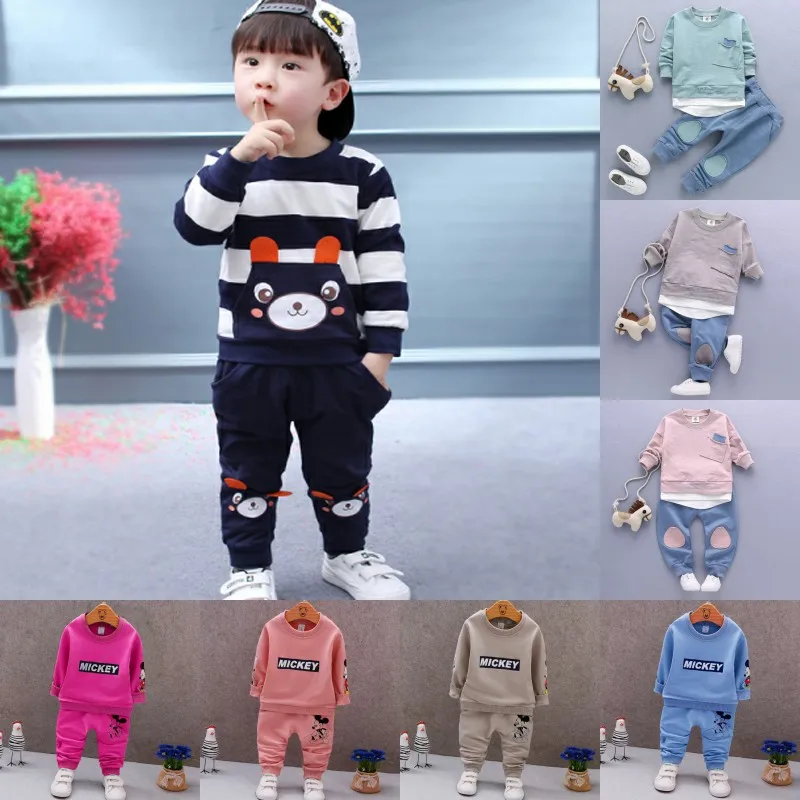 Детские комплекты, новинка года, весенне-осенняя одежда в полоску для маленьких мальчиков и девочек 0-2 лет, детская одежда из 2 предметов