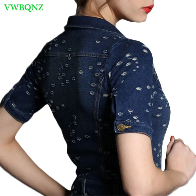 Spring Autumn High waist Denim Dress Women Slim Short sleeve Casual Jeans Dresses Female Holes Denim Blue A word Dresses A724