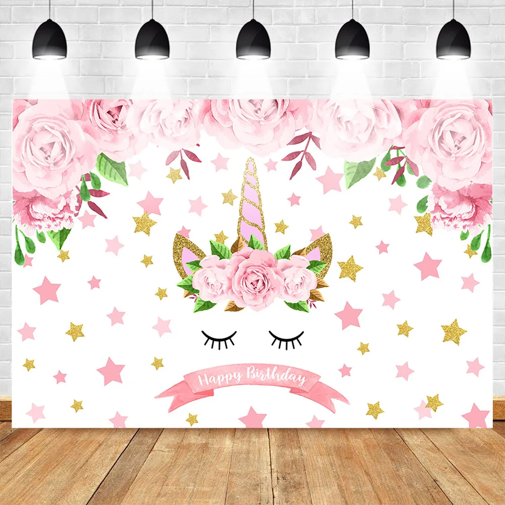 

Pink Unicorn Birthday Backdrop Girl's Unicorn Party Glitter Stars Floral Photo Background Cake Table Birthday Decorations