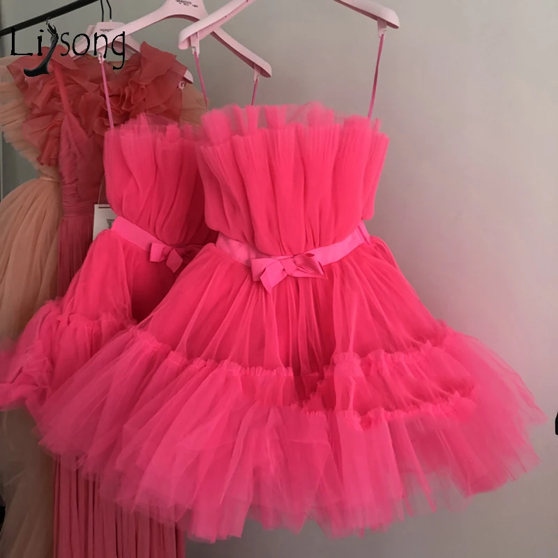 

Pretty Fuchsia Tulle Mini Cocktail Dresses 2019 Ruffles Short Prom Gowns Off The Shoulder Robe De Cocktail Homecoming Dress