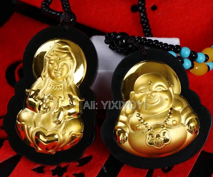 Fine Natural hand-carved black green jade buddha Lucky Amulet pendant necklace