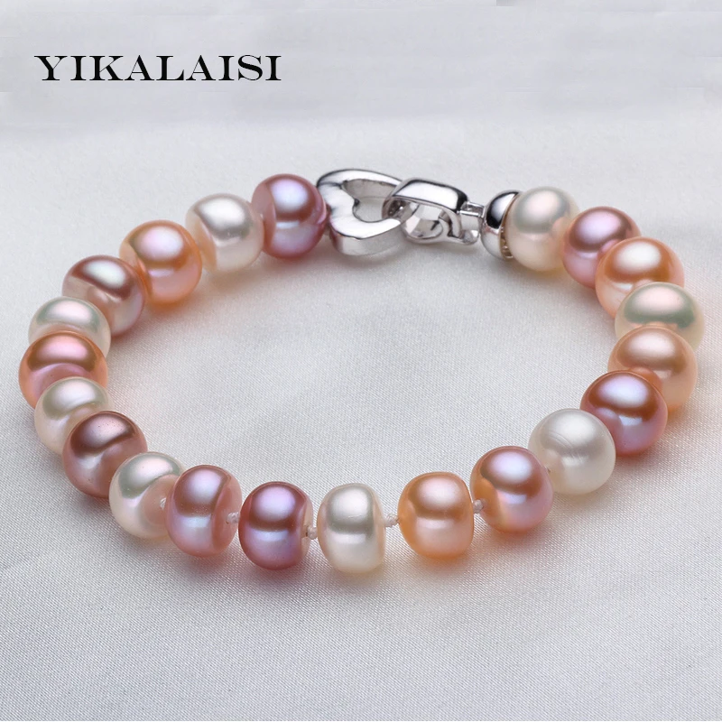 

YIKALAISI 2017 New Fashion 8-9-10-11mm white Multi 100% natural pearl bracelets 18cm pearl 925 sterling silver jewelry Best Gift