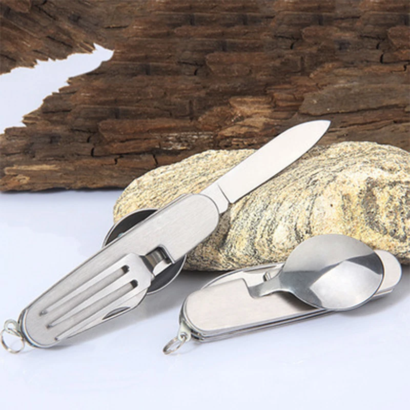 

4 in 1 Multifunctional Outdoor Tableware Stainless Steel Foldable Fork Spoon Knife Picnic Camping Hiking Dinnerware Drop Ship