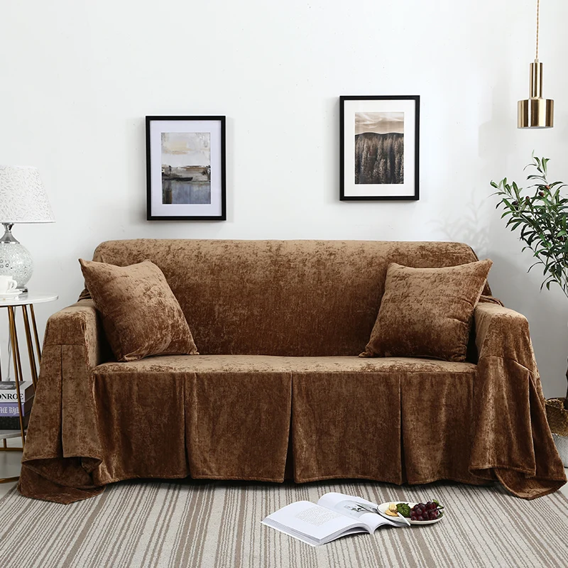

Luxury light coffee color slipcover warm plush lazy sofacover double three seat All-inclusive stretch sofa towel soft cushion