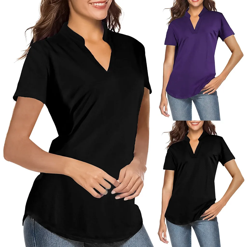 Женская Блузка Camisa Femenina, короткий рукав, v-образный вырез, одноцветная Повседневная рубашка, топы, свободная туника, Blusas Femininas, женские блузки