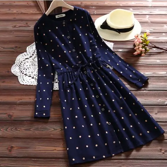 Женское платье в горошек с круглым вырезом и длинным рукавом|loose dress|women dressdress rounds |