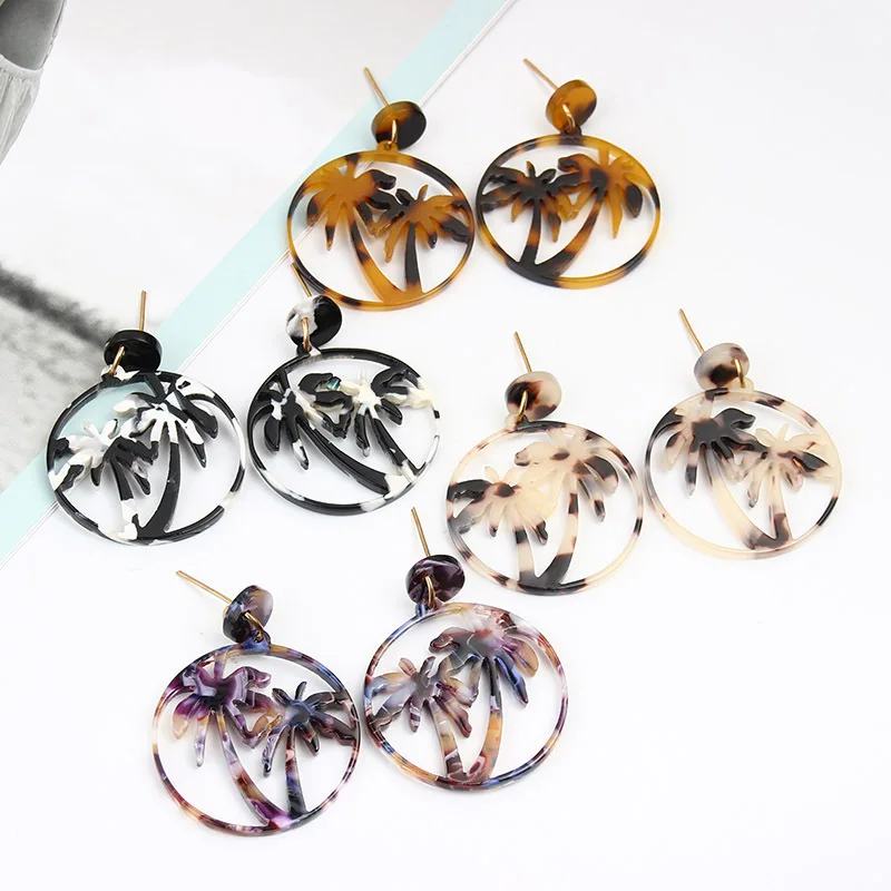 

Fashion Acrylic Coconut Palm Tree Dangle Earring Big Circle Acetate Drop Earring For Woman Personality Holiday Hawaii Jewelry