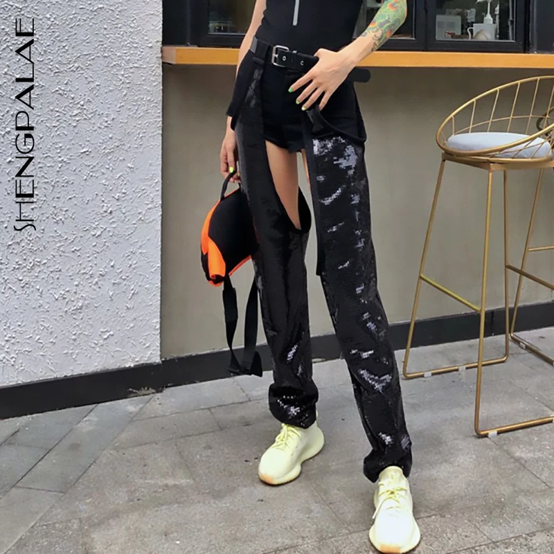 

SHENGPALAE 2019 New Spring Summer High Waist Loose Black Sequins Hollow Out Stitch Wide Leg Jeans Women Trousers Fashion JW750