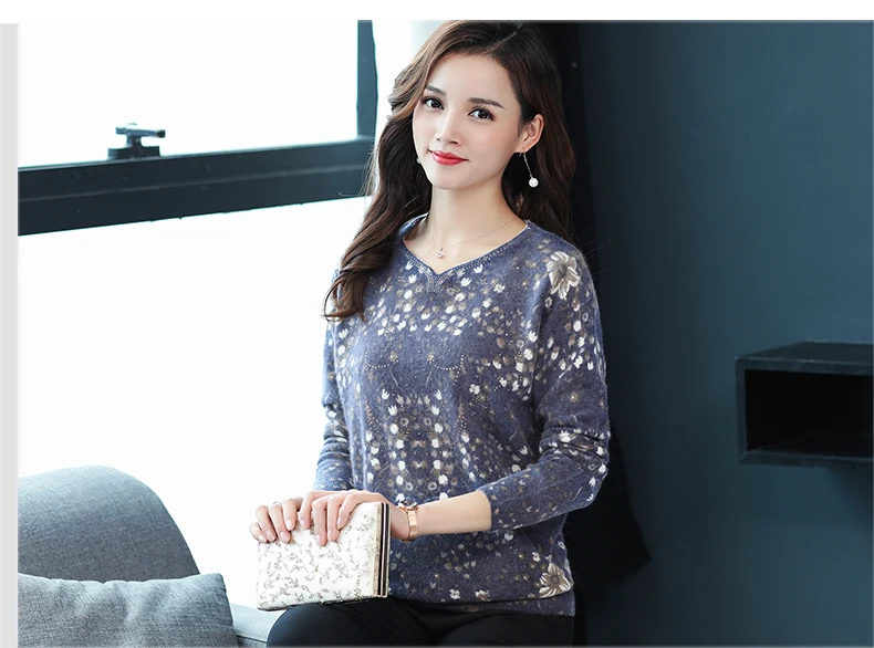XJXKS High End Mink Cashmere Pullover Women Sweater V-neck Plus Size Print Jumper Cashmere Sweaters Oversized Sweater