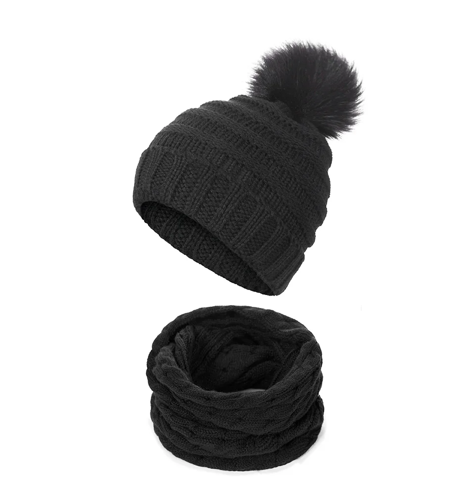 REAKIDS/Новые Теплые Зимние Детские шапочки из 2 предметов, вязаная шапка и шарф для детей, детские шапки для новорожденных девочек и мальчиков, шапки, шапка - Цвет: Black