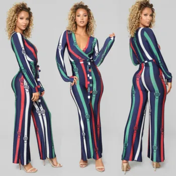 

Rompers Fashion Women Stripe Playsuit Bodycon Long Sleeve Deep V-Neck Casual Jumpsuit Romper Trousers
