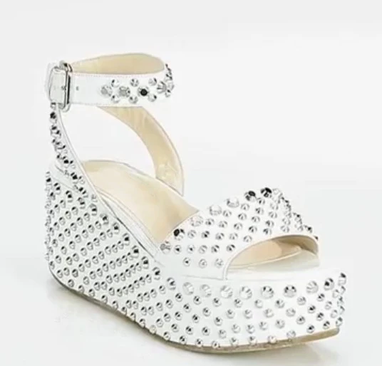 

White Women Sandal Thick Platform Open Toe Rivets Wedge Heels Punk Style Summer Shoes Woman 2016 True to US Size 4-15
