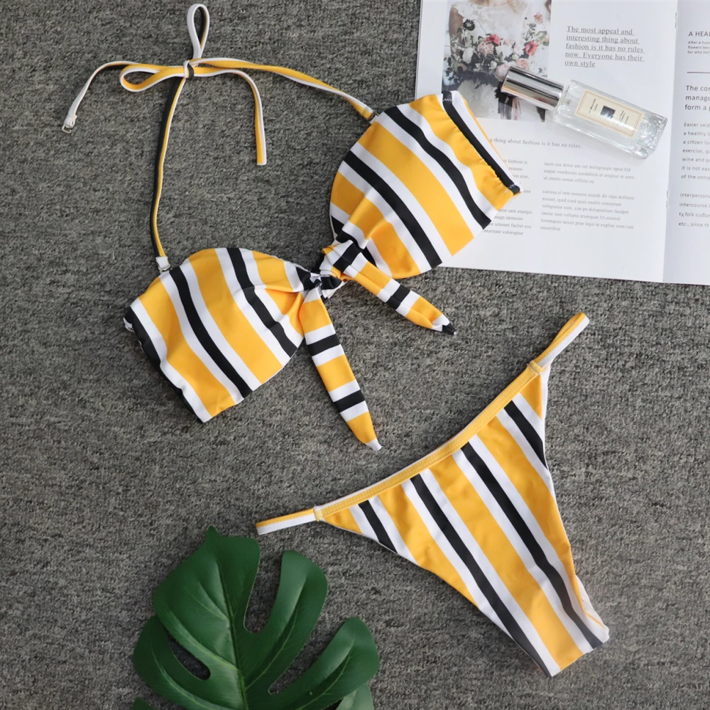 Tie_Front_Knot_Brazilian_Bikini_2019_Sexy_Push_Up_Cute_Padded_Yellow_Swimsuit_Striped_Crop_Top (4)
