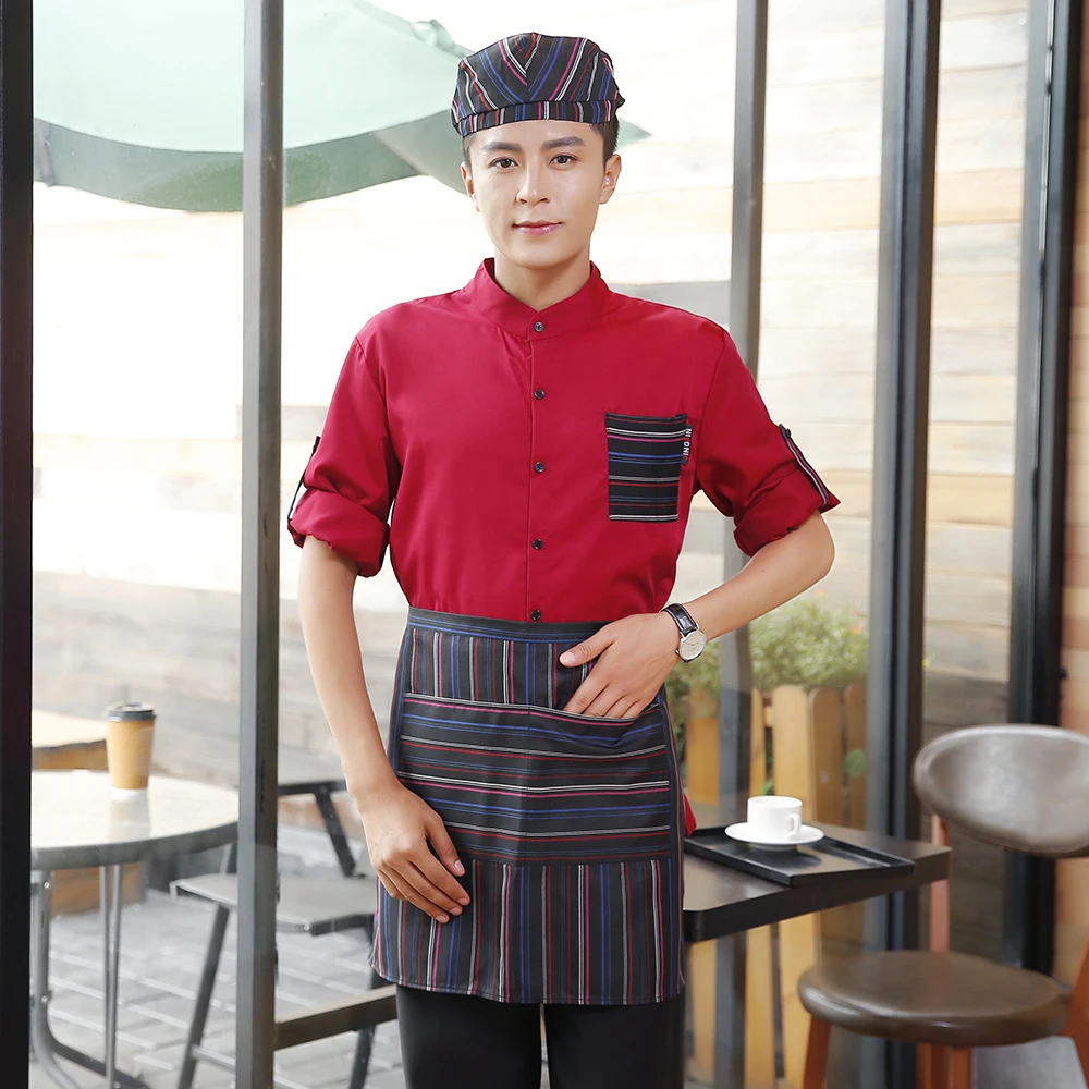  Striped Patchwork Waiter Waitress Uniform Winter Hotel Restaurant Barbershop Adjustable Sleeve Work
