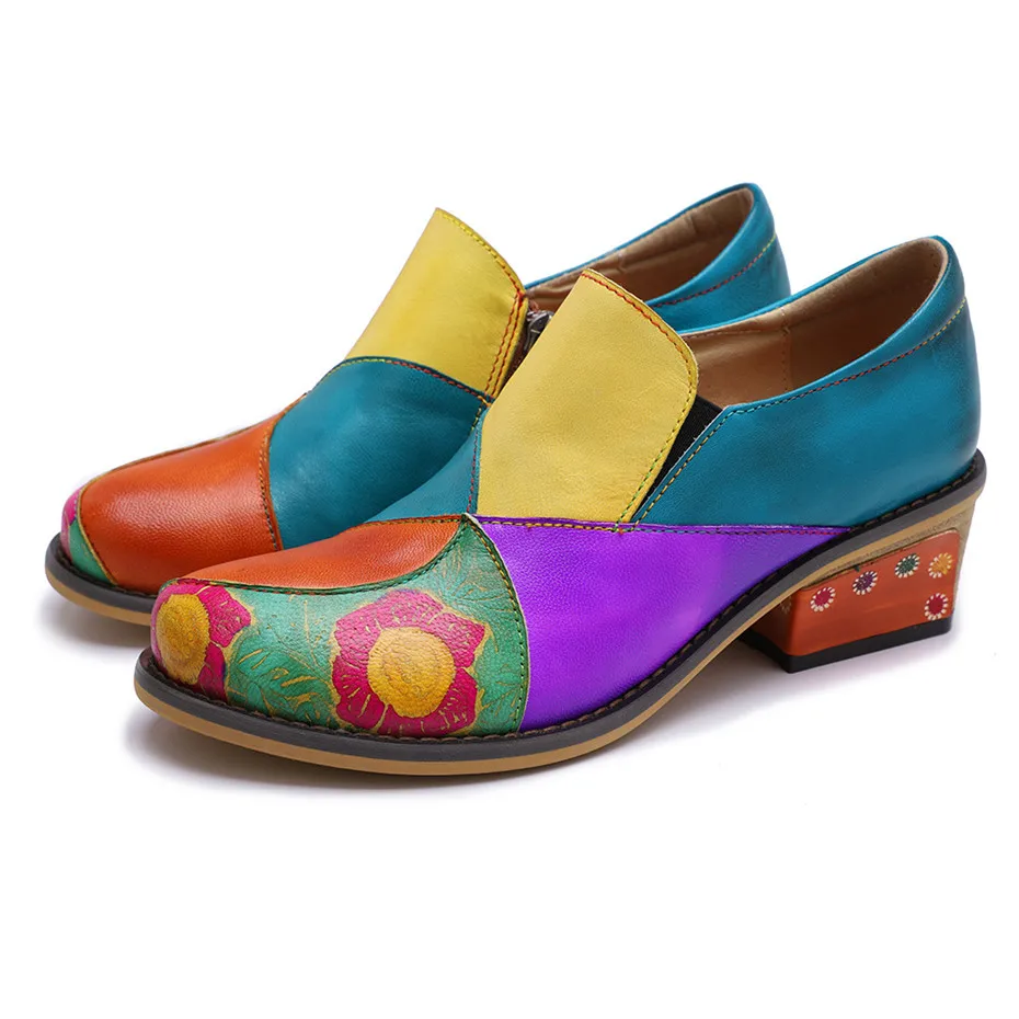 2019 New Genuine Leather Women Pumps Handmade Color Block Loafers Oxfords Shoes For Woman Med Heels Ladies Single Shoes Big Size (19)
