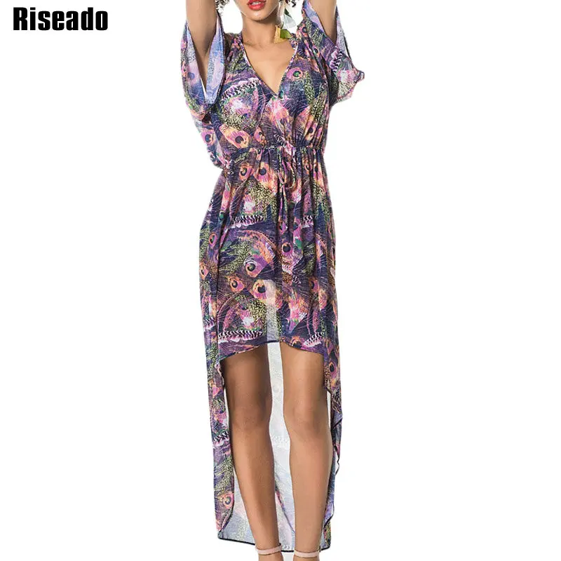 

Riseado New Beachwear Cover Up Swimwear Women 2019 Sexy Mesh Transparent Swimsuit Printing Bathing Suits Beach Dress