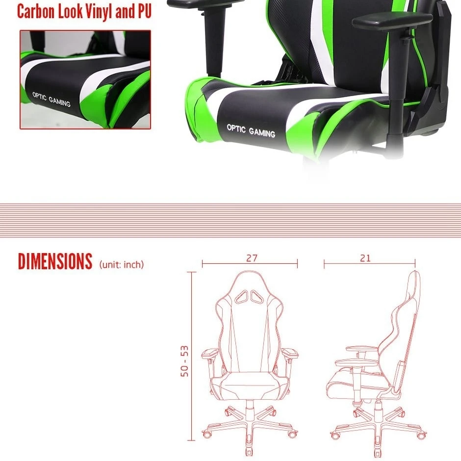 DXRacer OH/RZ19/NEW High-Back Racing Seat Gaming Chair Carbon Look Vinyl+PU(Black/White/Green)) (4)
