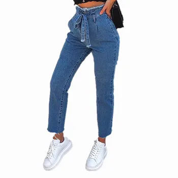 

2019 Women Vintage Jeans High Waist Belt Stretch Skinny Denim Female Tassel Pencil Pant Slim Trouser Zipper Burr Full Pant