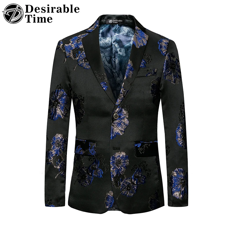 Desirable Time Brand Blue Floral Blazer Men Fashion Party Two Button