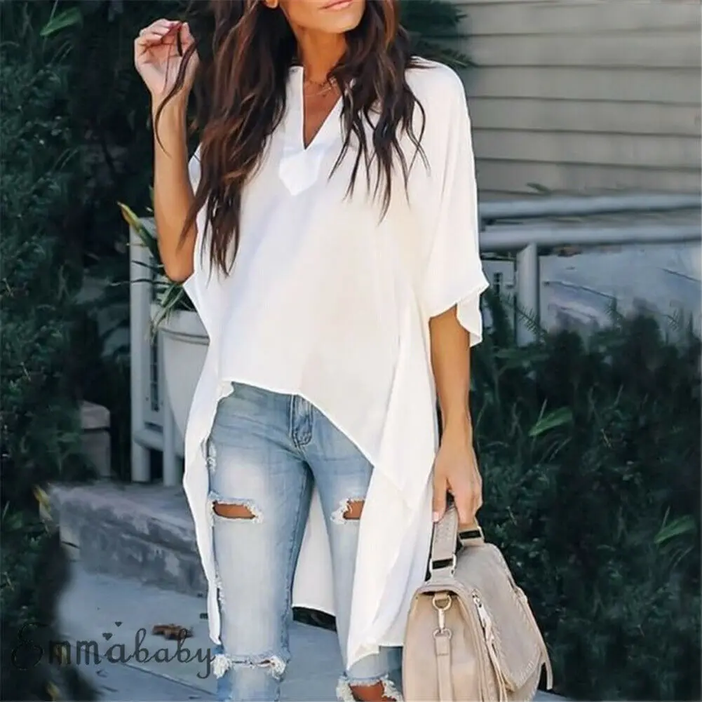 

Women Lady Short Sleeve Irregular Long Blouses Ladies Summer Casual V Neck Loose Tops Solid Blouse