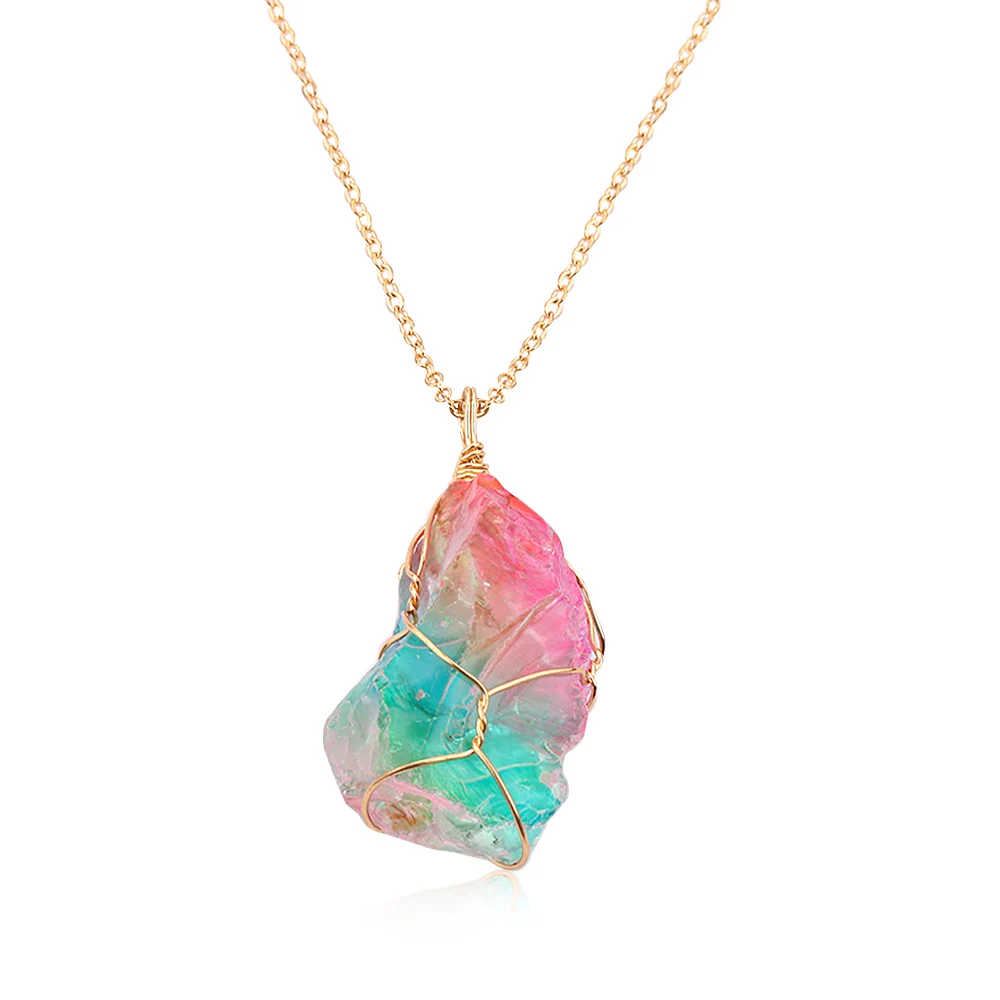 Красочные Модные Нерегулярные Радужный камень натуральный кристалл чакра рок ожерелье позолоченный кварц кулон домашний декор