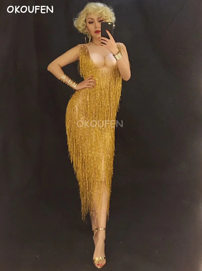 

Women Stage DanceWear Sexy Gold Tassel Dress Women's Celebrate Female Singer Crystals bodysuits