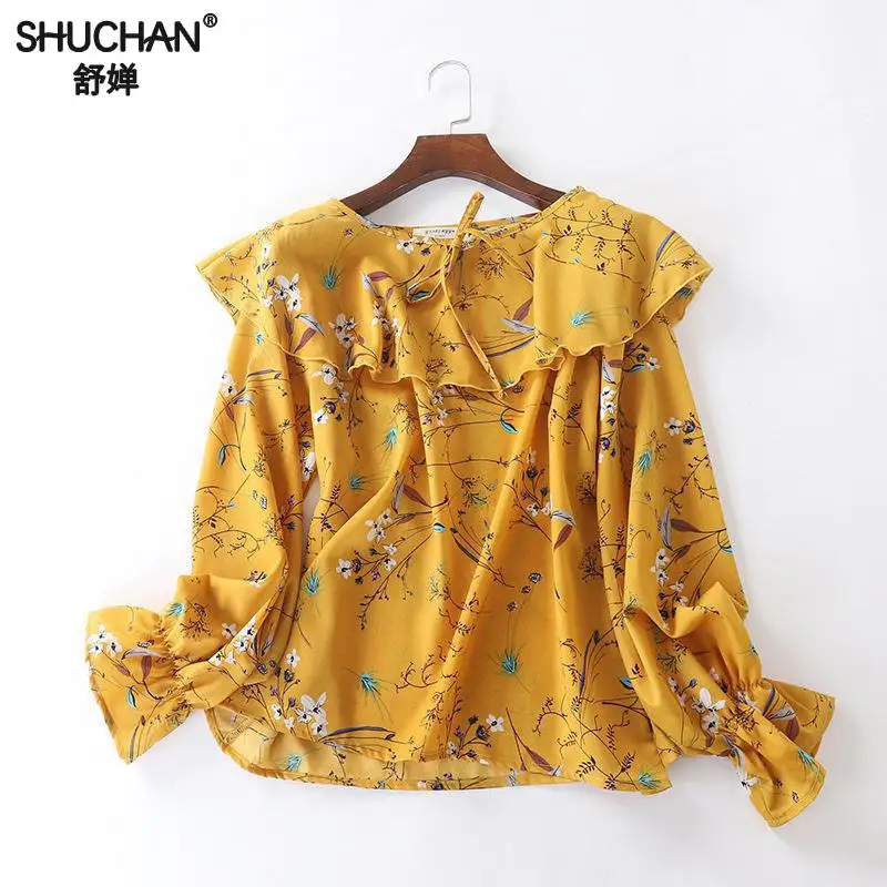 

Shuchan Prairie Chic Blusas Shirt Women Print 2019 Spring Summer Long Flare Sleeve Blusas Femininas Women Blouses Chiffon