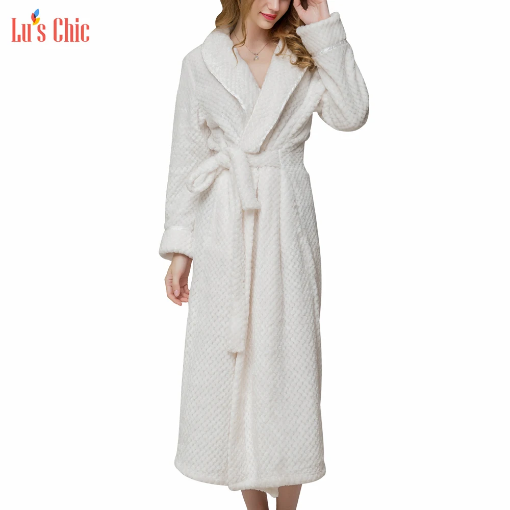 Lu's Chic Fleece Long Sleeve Long Shawl Collar Bathrobe Robes Women Night Robe Soft WarmRobes