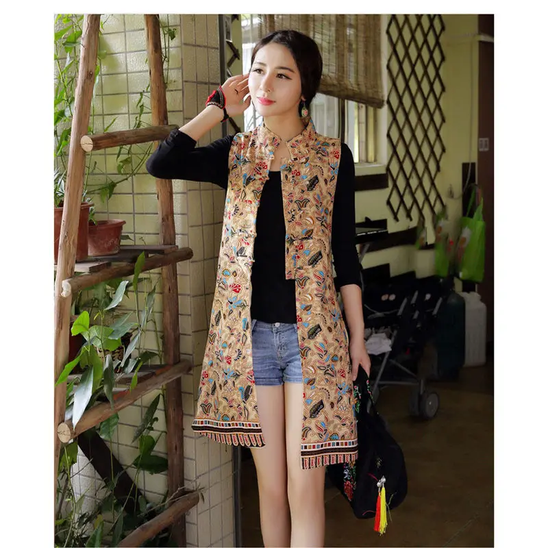 Woman Vest New Arrival Chinese Style Women Sleeveless Jacket Vintage Print Long Slim Ethnic Waistcoat Cotton Linen Tops f1073