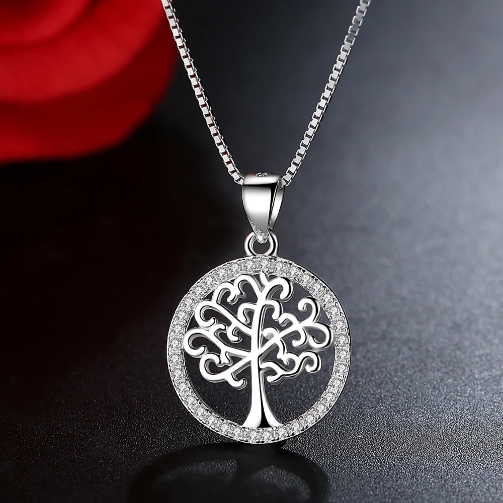 ELESHE Austrian Crystal Eternal tree of life Pendant Necklace 925 Sterling Silver Locket Round Necklace Pendant for Women Girl