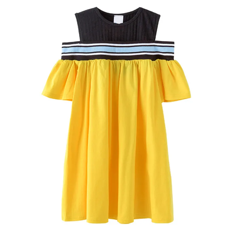 Детское летнее хлопковое платье с вырезами на плечах для девочек от 4 до 8 лет модное желтое платье для девочек