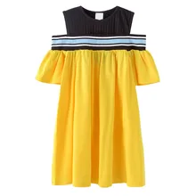 Детское летнее хлопковое платье с вырезами на плечах для девочек от 4 до 8 лет модное желтое платье для девочек