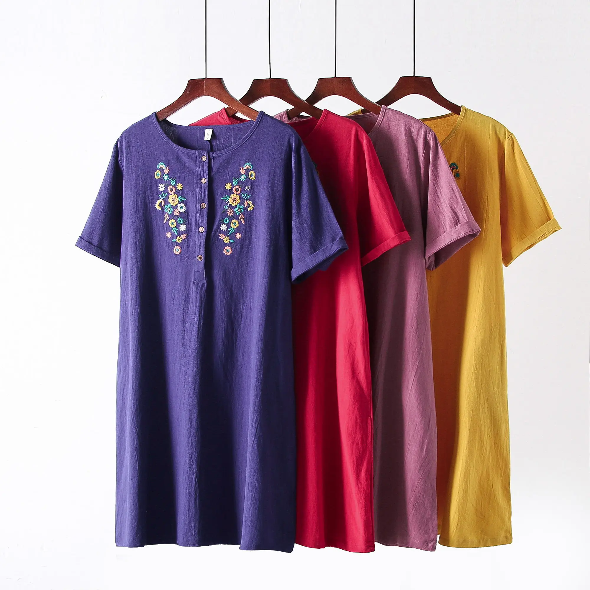 

2019 Spring Summer Women Folk Flowers Embroidered Dress O Neck Short Sleeve Loose Long Style Vintage Dress Vestidos
