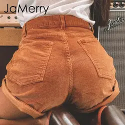 JaMerry Винтаж вельвет шорты с высокой талией низ для женщин Повседневное шорты в уличном стиле женские свободные летние Кнопка Короткие 2019