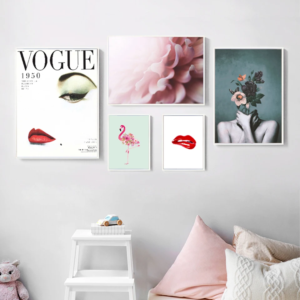 

Vogue Fashion Art Wall Pictures Absract Girl Floral Portrait Poster And Print Nordic Flamingo Flower Canvas Painting Home Decor