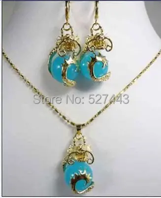 

Wholesale>>Beautiful gold plate dragon stone pendant necklace earrings set