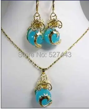 

Wholesale>>Beautiful gold plate dragon stone pendant necklace earrings set