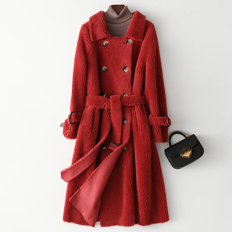 AYUNSUE, зимнее меховое пальто для стрижки овец, Женская шерстяная куртка, корейские толстые длинные женские меховые пальто+ пояс, элегантная женская одежда - Цвет: Red