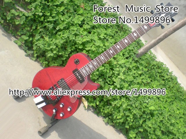 Cheap Classical Metal Red LP Model Electric Guitar Tiger Flame Finish Guitar Body with Bigsby Kits Lefy Custom Available