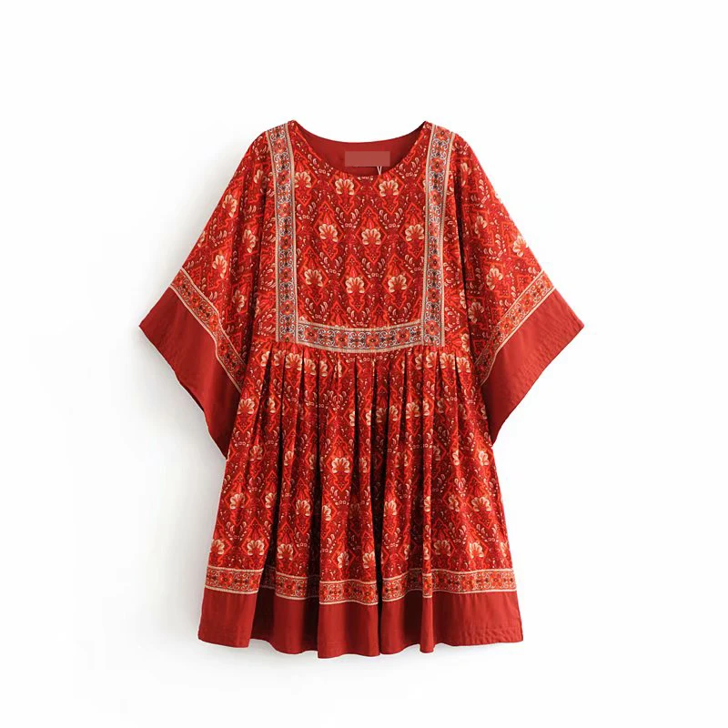 

Summer Holiday Wear Women Bohemian Short Batwing Sleeve Loose Mini Dress Red Vintage Printed Beach Wear Women Casual Loose Dress
