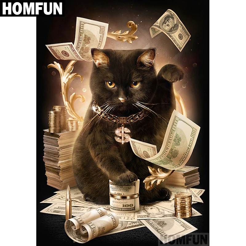 

HOMFUN Full Square/Round Drill 5D DIY Diamond Painting "Animal cat money" Embroidery Cross Stitch 3D Home Decor Gift A00567