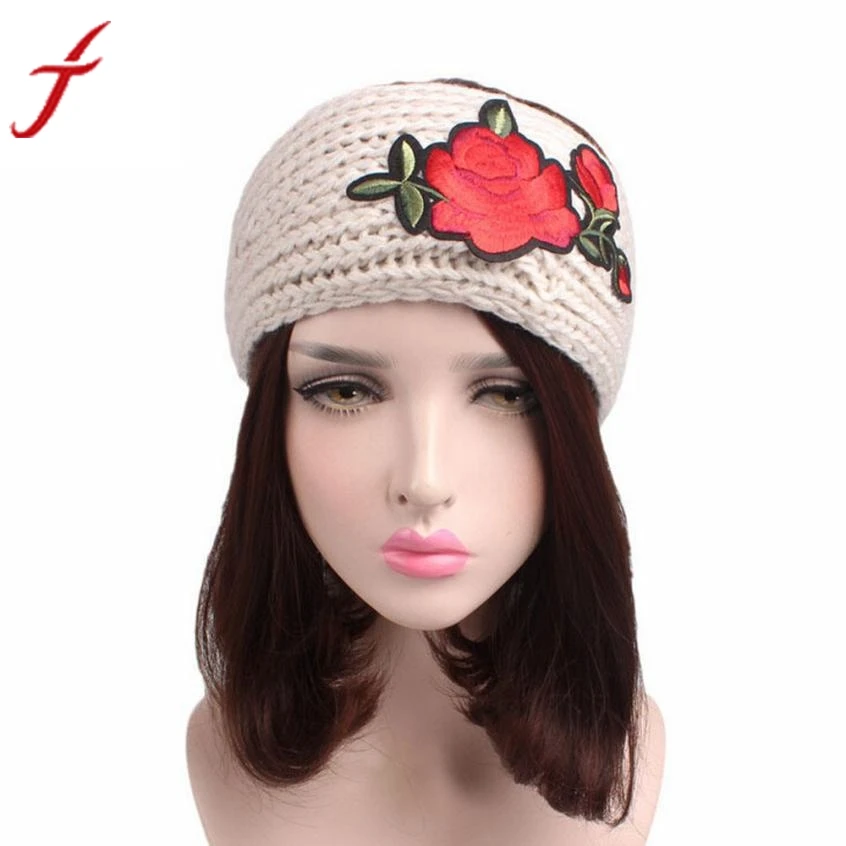Fashion Rose Flowers Embroidery Headbands Women Knitting Headband