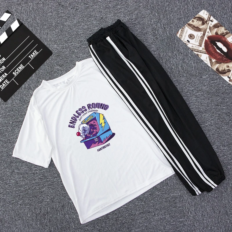 

Harajuku Oversize Tracksuit Cartoon Print Short Sleeve T-Shirts Korean Style Women Loose Summer Female Casual 2 PC Sport Suit