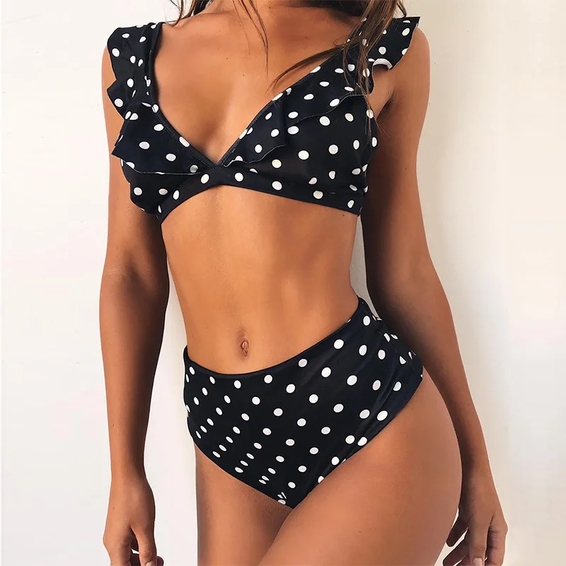 Женский купальник бикини S/M/L/XL/XXL с принтом в горошек черный и белый|Купальники |