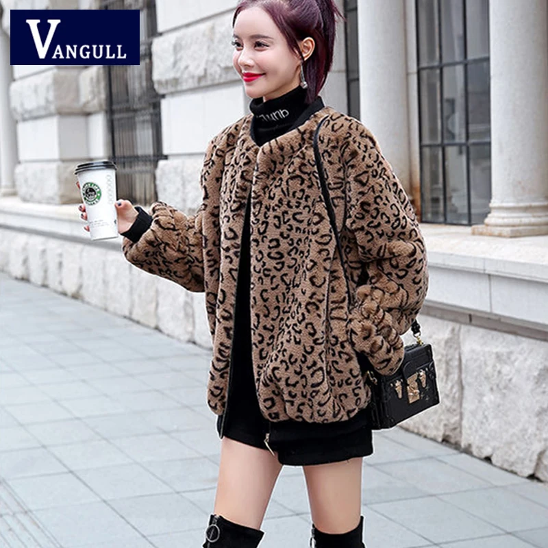 Vangull New Winter Fur Coat Women Leopard Faux Fur Jacket Plus Velvet Thick O-Neck Long Sleeve Warm Fur Jackets Coats New