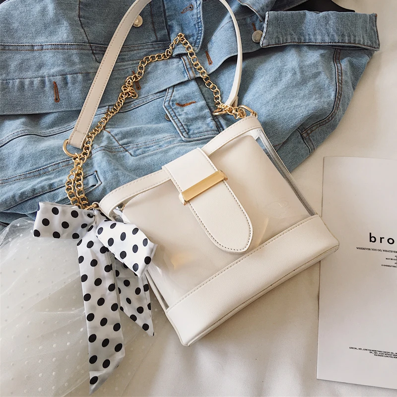 

Ribbon Square Transparent Bag Large-capacity Solid Color Jelly Bags Fashion Versatile Shoulder Bag Street Women Cross Body Bags