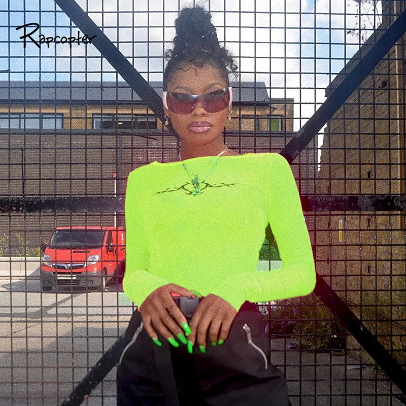 

Rapcopter Fluorescent Green Women Print Top Tees Casual Autumn Long Sleeve Short Shirt O-neck Skinny Fashion Female Tee Shirts